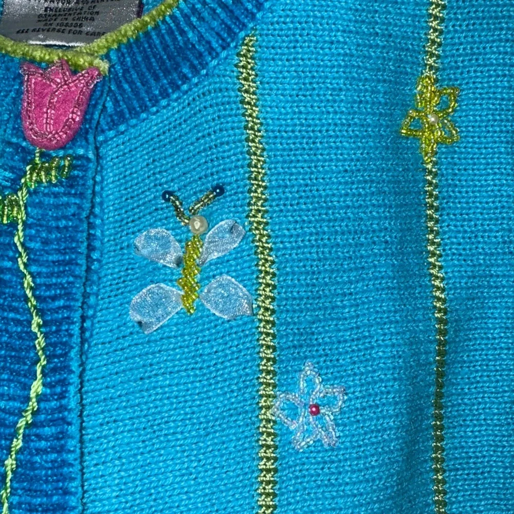 Vintage The Quaker Factory Blue Hand Embroidered Beaded Flowers Bunny Cardigan L - Picture 14 of 16